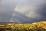 A rainbow forming behind the rock formations of Arches National Park after a thunderstorm.