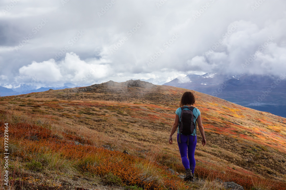 Adventurous Girl Hiking up the Nares Mountain during a cloudy and sunny evening. Taken at Carcross, near Whitehorse, Yukon, Canada.