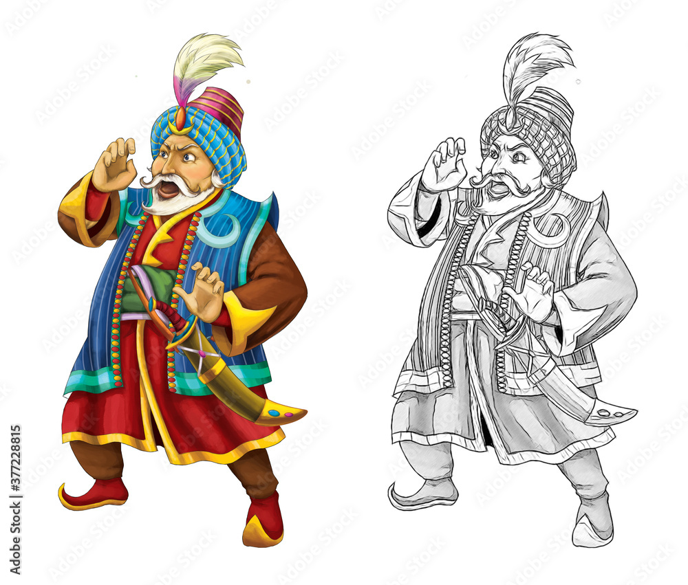 cartoon scene with arabian knight or prince with sword on white