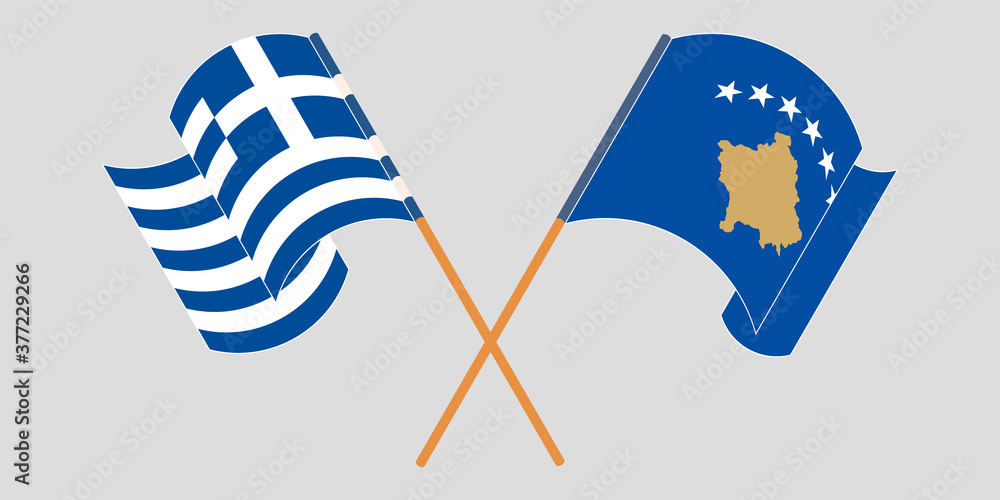 Crossed and waving flags of Kosovo and Greece Crossed and waving flags of Kosovo and Greece