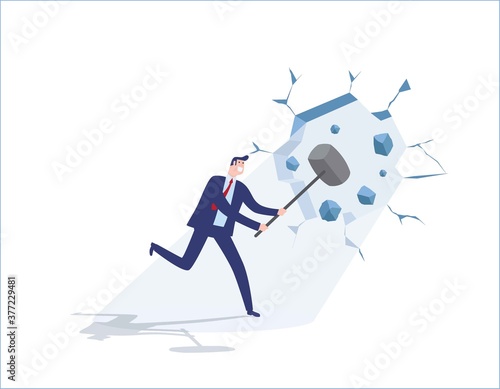 Overcome obstacles business people concept vector flat design illustration banner brochure isolated background. Businessman holding a hammer breakthrough the wall.