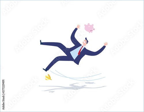risk and miss business people concept vector flat design illustration background. Businessman slipping on a banana peel.