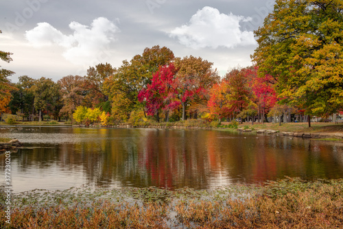 Fall scenic with colorful trees and water with reflections