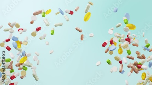 Slow motion animation, pills collide into each other in flight. Multi-colored capsules and tablets: antibiotics, vitamins, dietary supplements. Population health care concept, 4k 3D Animation