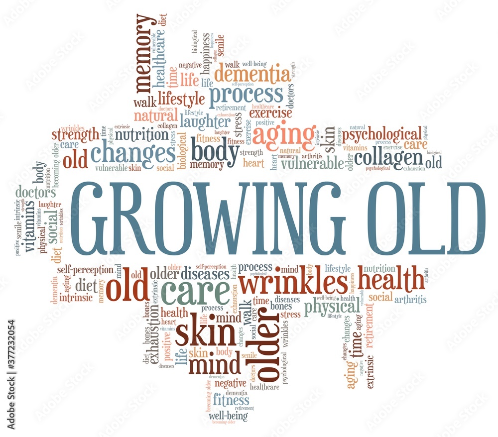 Growing old vector illustration word cloud isolated on a white background.