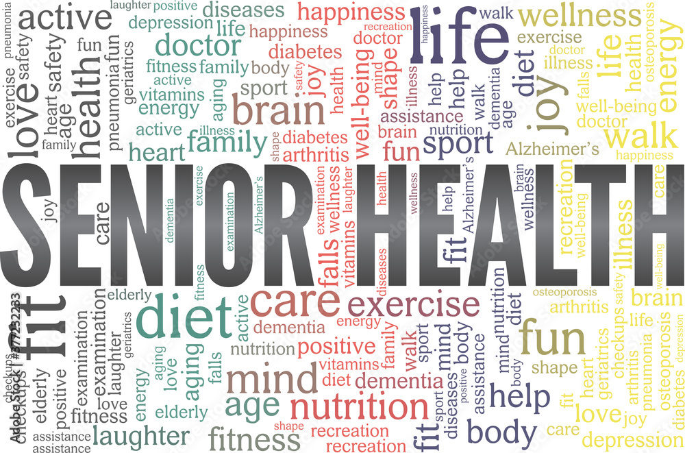 Senior health vector illustration word cloud isolated on a white background.