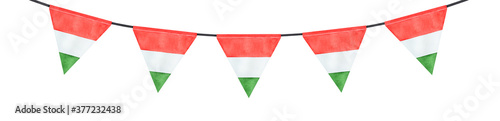Bright and festive garland with triangular flag of Hungary. Red, white, green colors. Hand drawn watercolour graphic illustration, cut out clipart elements for design, print, invitation, card, poster.