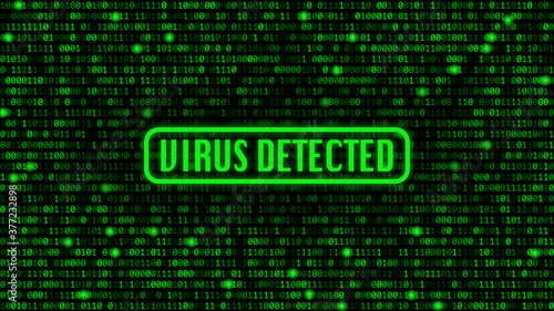 Green binary code background with "Virus Detected" text.