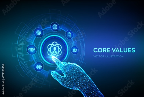 Core Values. Responsibility Ethics Goals Company concept on virtual screen. Core values infographic. Robotic hand touching digital interface. Vector illustration.