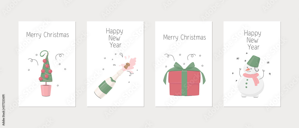 Vector set of Christmas and New Year greeting cards. Champagne, snowman, Christmas tree, gift. For the design of postcards.
