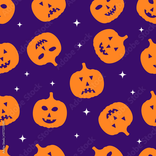 Halloween seamless pattern with cute cartoon pumpkin  on purple background. Easy to edit vector template for greeting card, banner, poster, party invitation, fabric, textile, wrapping paper, etc © Vera