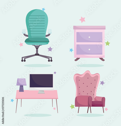 home office workplace armchair drawers computer lamp and desk icons