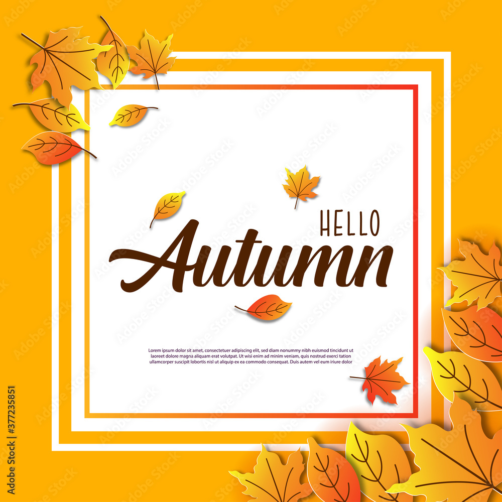Autumn background design decorated with colorful leaves for web banner, shopping sale, and promo poster. Paper art vector illustration