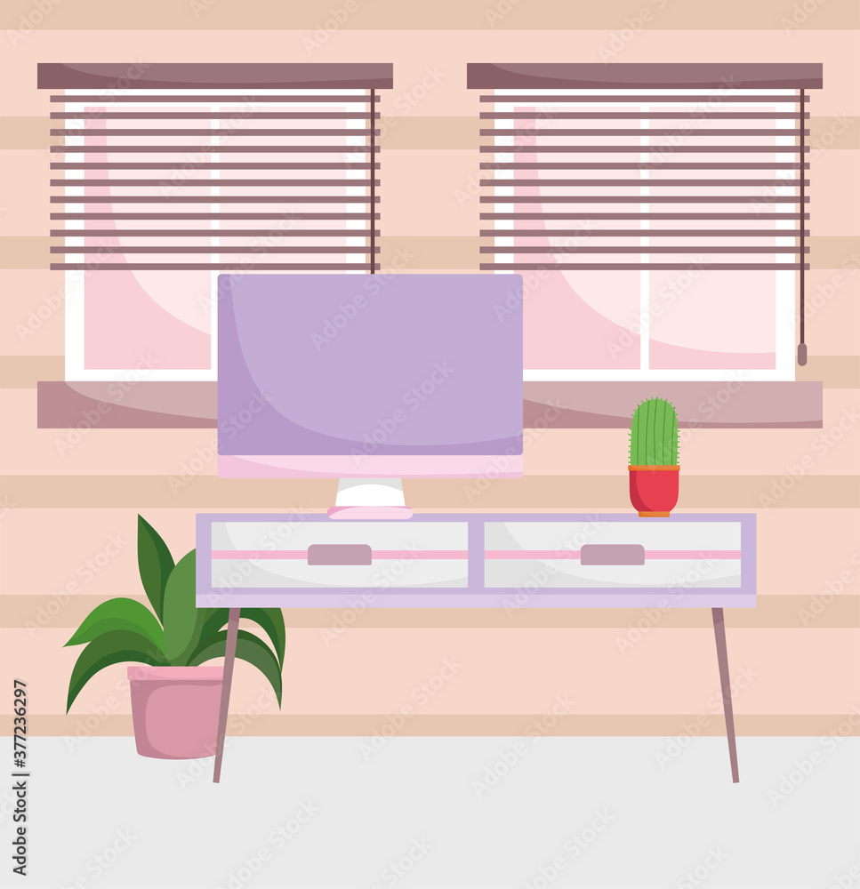 Fototapeta premium home office workplace computer screen on table with potted plants and windows