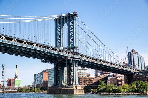 A view of the Manhattan Bridge from the East River in New York City.