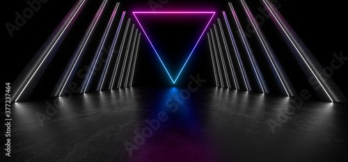 Fototapeta Naklejka Na Ścianę i Meble -  A dark corridor lit by colorful neon lights. Reflections on the floor and walls. 3d rendering image.