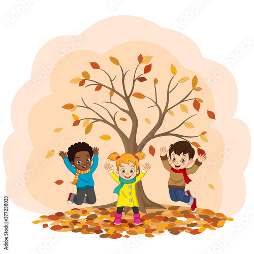 Cartoon Happy kids playing in autumn background