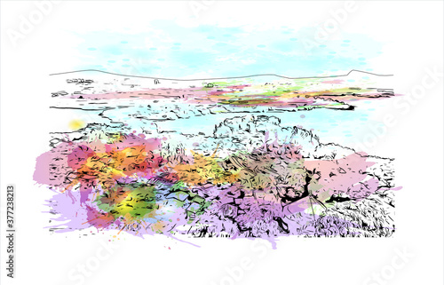 Building view with landmark of Bahir Dar is the capital city of the Amhara region in northern Ethiopia. Watercolor splash with hand drawn sketch illustration in vector.