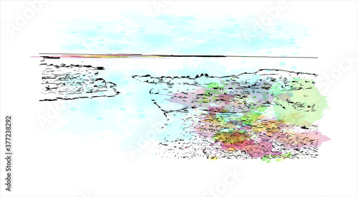 Building view with landmark of Bahir Dar is the capital city of the Amhara region in northern Ethiopia. Watercolor splash with hand drawn sketch illustration in vector.