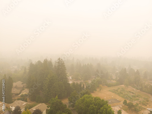 Smoke from a burning forest in a town, burning forests in Oregon, Washington and California. The danger