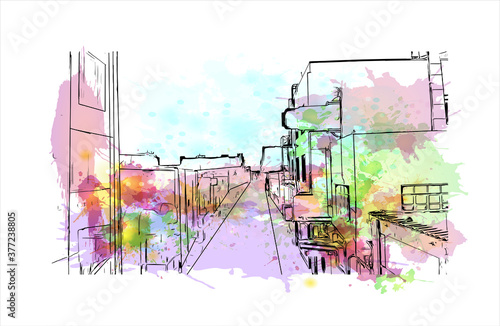 Building view with landmark of Bakersfield is a city on the Kern River, north of Los Angeles. Watercolor splash with hand drawn sketch illustration in vector.