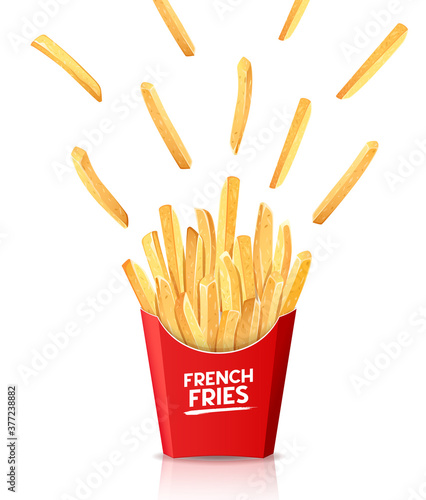 French fries in red box, spread out into the air, template design isolated on white background, Eps 10 vector illustration