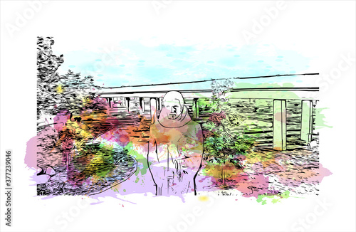 Building view with landmark of Bakersfield is a city on the Kern River, north of Los Angeles. Watercolor splash with hand drawn sketch illustration in vector.