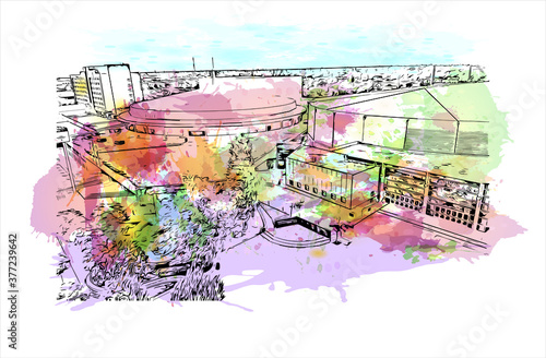 Building view with landmark of Bakersfield is a city on the Kern River, north of Los Angeles. Watercolor splash with hand drawn sketch illustration in vector.