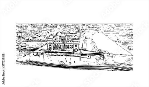 Building view with landmark of Bahawalpur, is a city located in the Punjab province of Pakistan. Hand drawn sketch illustration in vector.