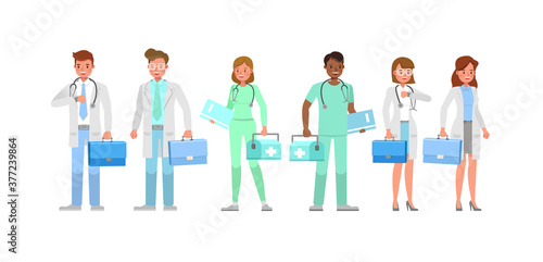 Set of Doctor working character vector design. Presentation in various action with emotions.