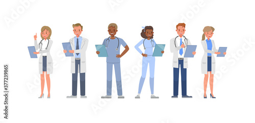 Set of Doctor working character vector design. Presentation in various action with emotions.