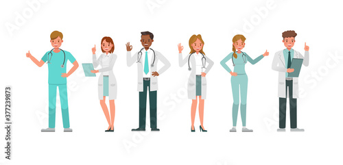 Set of Doctor working character vector design. Presentation in various action with emotions.