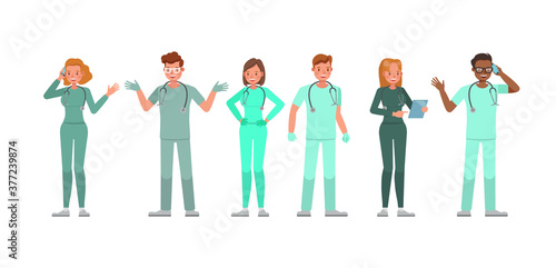 Set of Doctor working character vector design. Presentation in various action with emotions.