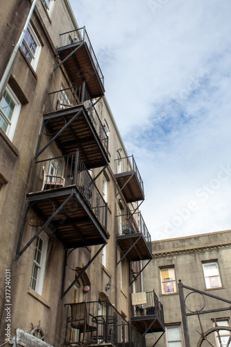 Hotel balconies off River Street in Savannah Georgia.