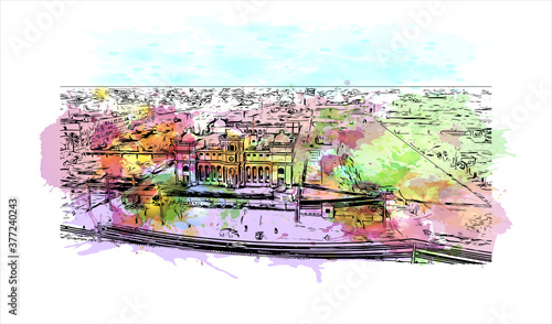 Building view with landmark of Bahawalpur, is a city located in the Punjab province of Pakistan. Watercolor splash with hand drawn sketch illustration in vector.