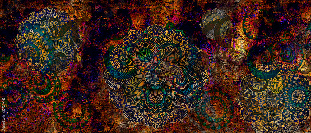 mandala colorful dark eyes vintage art, ancient Indian vedic background