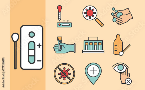 coronavirus covid 19 diagnostics research, medical equipment test sample results and prevention icons line and fill