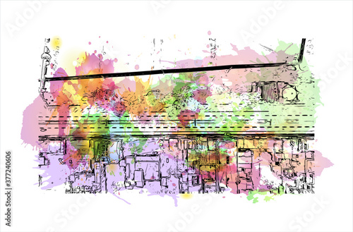 Building view with landmark of Bahawalpur, is a city located in the Punjab province of Pakistan. Watercolor splash with hand drawn sketch illustration in vector.