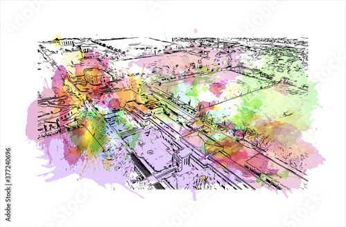 Building view with landmark of Bahawalpur, is a city located in the Punjab province of Pakistan. Watercolor splash with hand drawn sketch illustration in vector.