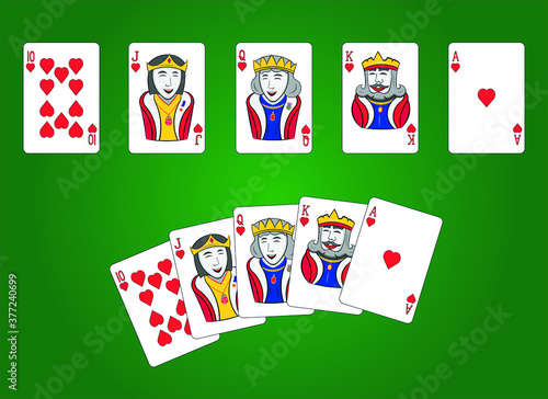 vector design and drawing  funny cartoon heart playing cards with 10 J Q K A called Royal straight flush in Poker game on green table