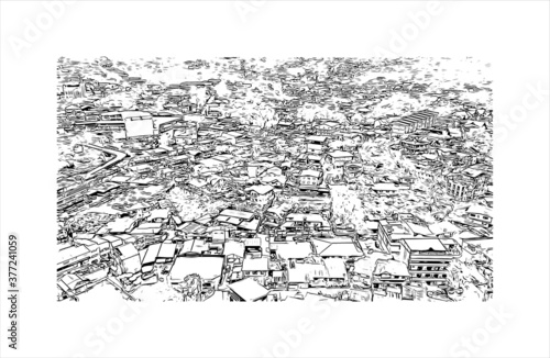 Building view with landmark of Baguio, on the Philippines’ Luzon island, is a mountain town of universities and resorts. Hand drawn sketch illustration in vector.