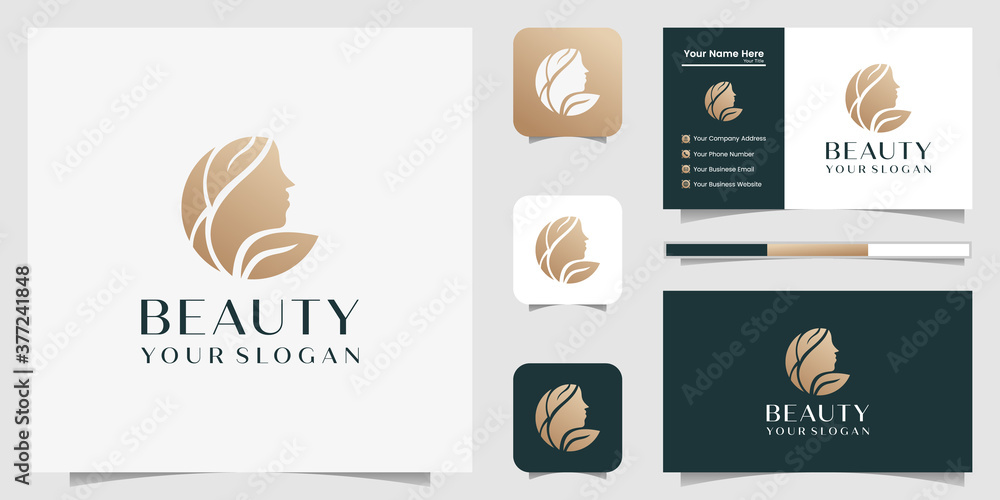 beautiful woman hair salon gold gradient logo design and business card