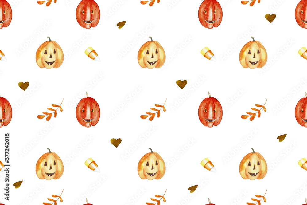Watercolor seamless fall pattern with Halloween elements pumpkins hearts candy corn and leafs in orange and yellow colors on white background. Hand drawn Halloween pattern. Watercolor seamless fall pattern with Halloween elements pumpkins hearts candy corn and leafs in orange and yellow colors on white background. Hand drawn Halloween pattern.