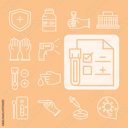 coronavirus covid 19 diagnostics research, medical test sample and results line design icons