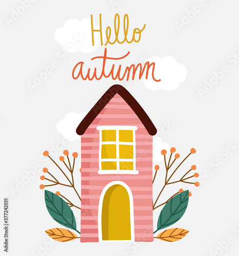 hello autumn, countryside house leaves nature text card