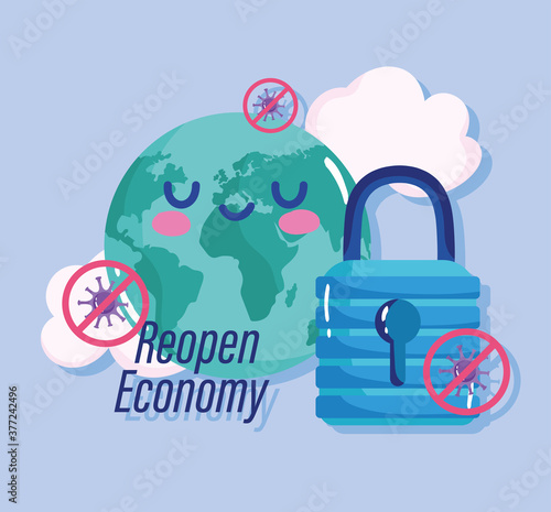 reopening, cartoon planet padlock, reopen economy, coronavirus covid 19