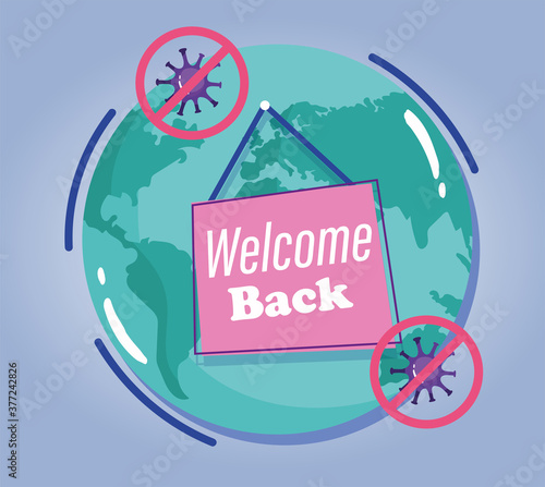 reopening, welcome back lettering hanging in planet, coronavirus covid 19