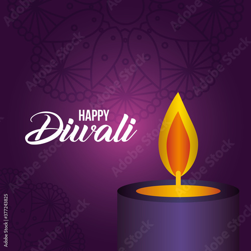 Happy diwali candle on purple with mandala background vector design