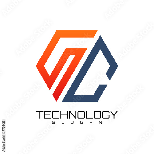 S and C logo design technology  with hexagon icon