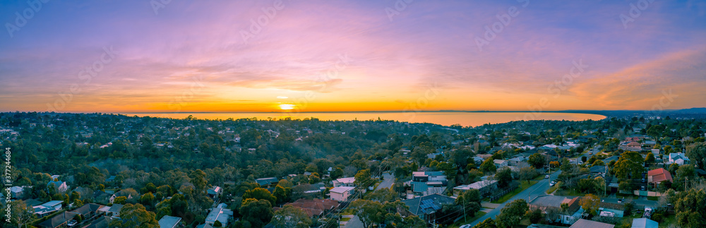 Fototapeta premium Aerial panorama of Port Phillip Bay and Frankston suburb at sunset in Melbourne, Australia